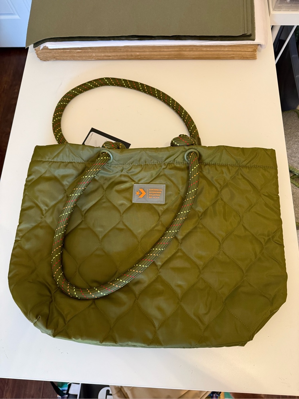 Converse Olive Quilted Tote Bag with Rope Handles New